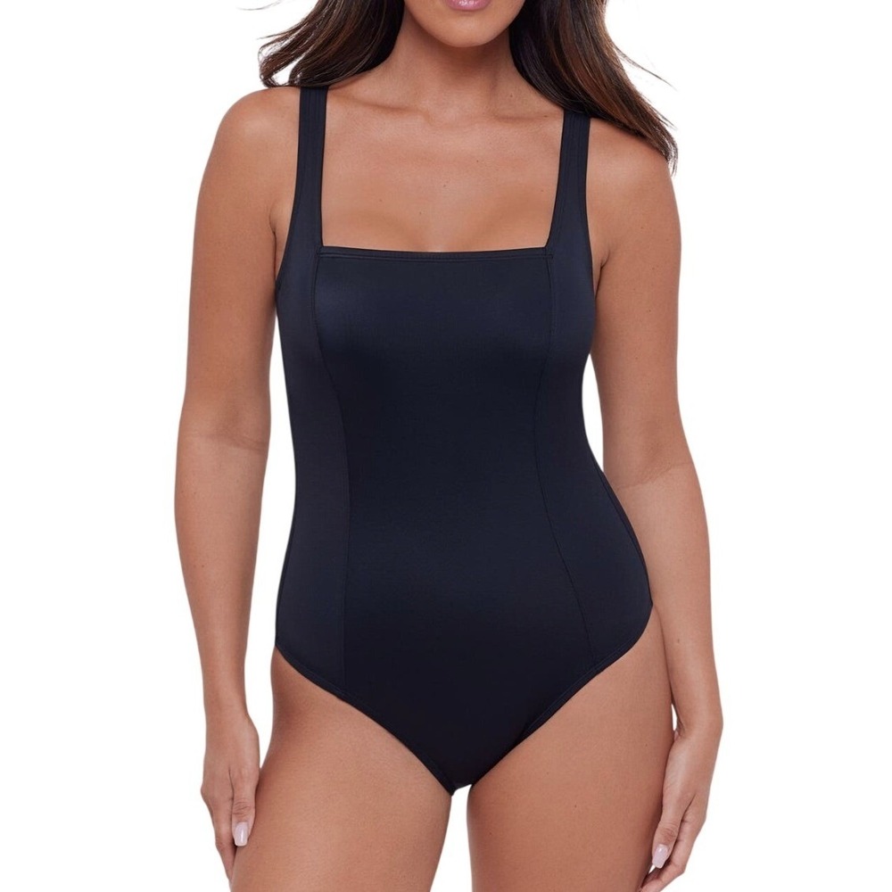 S3 Apparel Black Square Neck Lace Up Back One Piece Swimsuit UPF 50+ Size M NWT